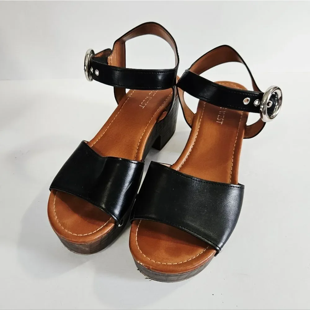 Nine West Jayce Black Stud Buckle Detail Chunky Wood-Look Platform Sandal 10